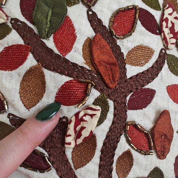 Pier 1 Embroidered Appliqued Pillow Tree Gold Green Orange Leaf Autumn Fall - Picture 4 of 8